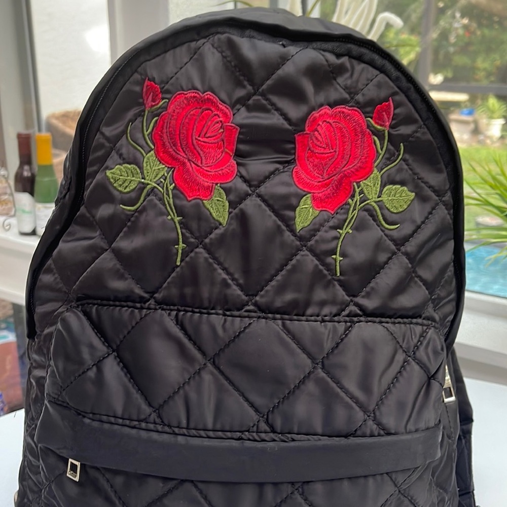 Embroidered Roses Black Quilted Backpack - Picture 7 of 16